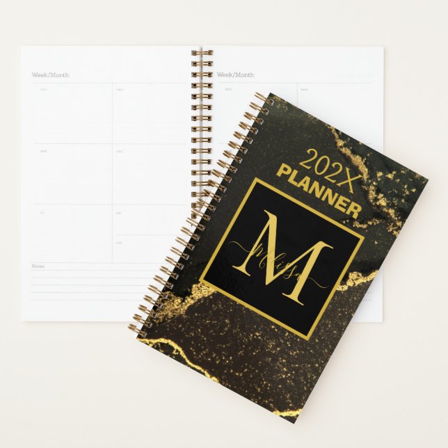 Agenda Monograma moderno Dourado e preto marmoreado (Exibição)