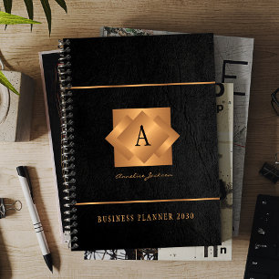 Agenda Monograma moderno dourado preto, script elegante