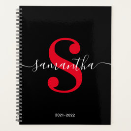 Agenda Monograma Moderno Preto Branco e Vermelho Brilhant
