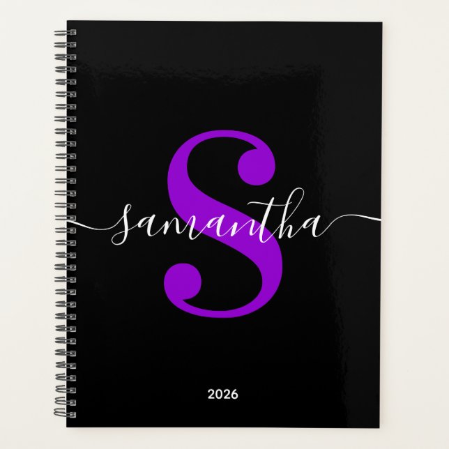 Agenda Monograma Moderno Preto Branco e Violeta (Frente)