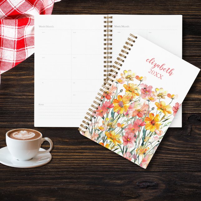 Agenda Monograma Nome Amarelo Cor-de-rosa Flor (Monogrammed name initials pink and yellow wildflowers floral yearly planner)