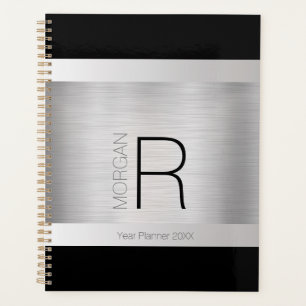Agenda Monograma & Nome DIY, Preto & Cinza, Prata Brilhan