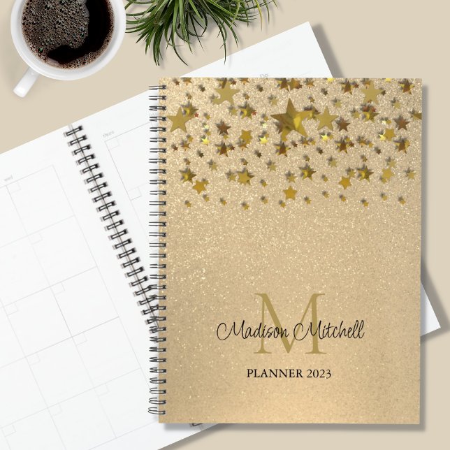 Agenda Monograma Nome Dourado Glitter Stars 2023 (Criador carregado)