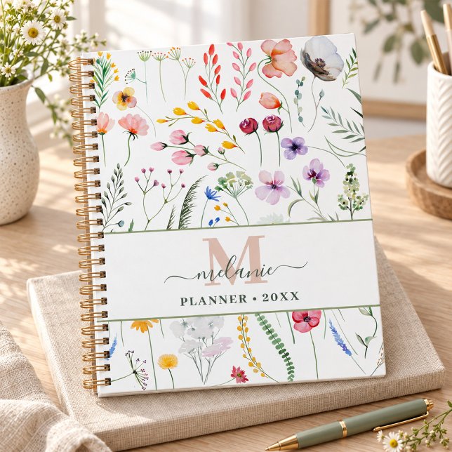 Agenda Monograma Nome Personalizado Boho Wildflowers (Boho Wildflowers Custom Name Monogram Planner)