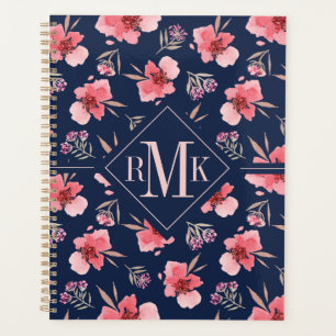 Agenda Monograma   Padrão de Aquarela Rosa Escuro