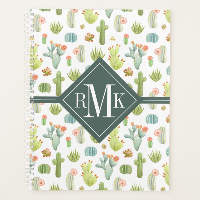Agenda Monograma | Padrão De Pé De Cactus Cute (Frente)