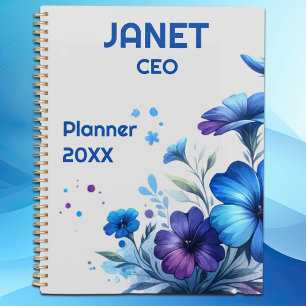 Agenda Monograma Pequena empresa Flor Azul na Cinza  