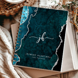 Agenda Monograma Personalizado Agato de Prata Teal 2025