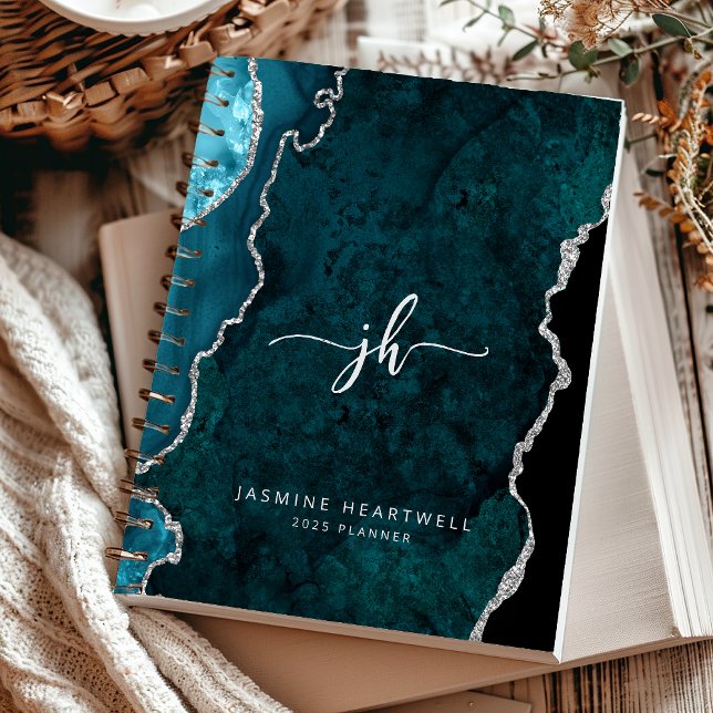 Agenda Monograma Personalizado Agato de Prata Teal 2025 (Criador carregado)
