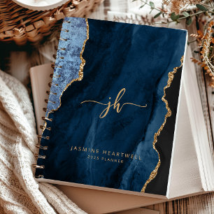 Agenda Monograma Personalizado Azul Marinho Ágata Dourada
