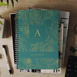 Agenda Monograma personalizado moderno e elegante e verde<br><div class="desc">Na moda luxuoso e esmeraldo verde esmeralda planificador 2025 com trendy faux gold outline floral motif personalizado com seu nome e texto.</div>