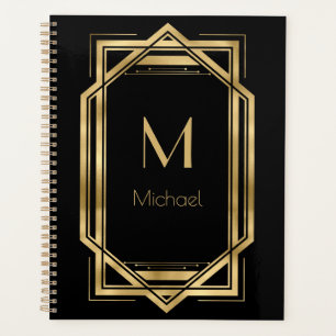 Agenda Monograma Personalizado Preto e Dourado   Geométri