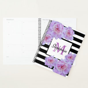 Agenda Monograma Pink Peony Flor Black Stripe Roxo Púrpur