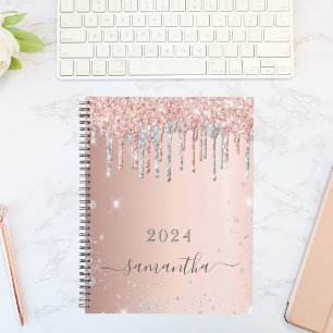Agenda monograma prateado cor-de-rosa com rosa dourado 20