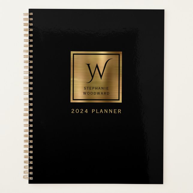 Agenda Monograma Preto Dourado Elegante 2024 (Frente)