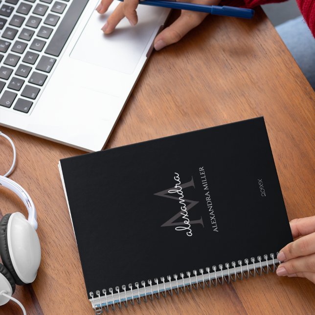 Agenda Monograma preto e branco minimalista moderno (Criador carregado)