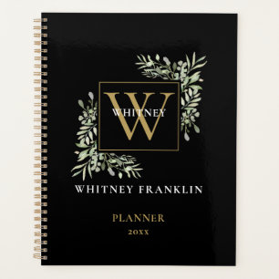 Agenda Monograma Preto Elegante Verde Dourado 2023