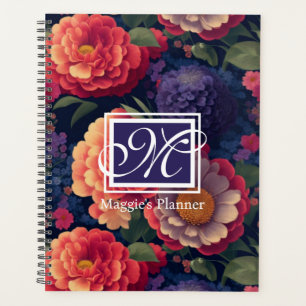 Agenda Monograma romântico floral vermelho-alaranjado ele