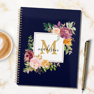 Agenda Monograma Rosa Floral Botânica Elegante em Aquarel