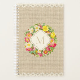 Agenda Monograma Rosas Vintage Floral Wreath Linen Planne