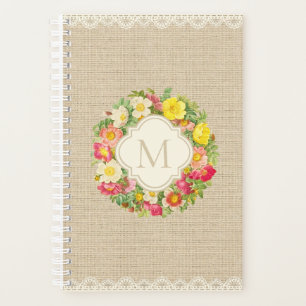 Agenda Monograma Rosas Vintage Floral Wreath Linen Planne