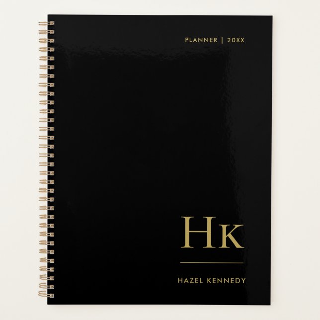 Agenda Monograma Simples Preto Elegante Dourado Personali (Frente)