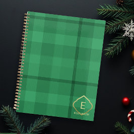 Agenda Monograma Verde da Floresta Russa de Tartan Dourad