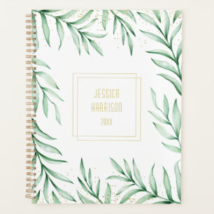 Agenda Monograma Verde Elegante Cores de Água Deixam Gra