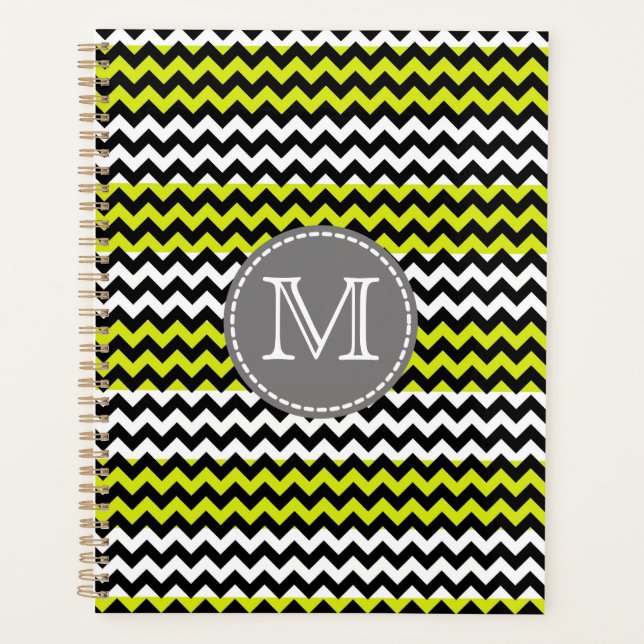 Agenda Monograma verde-preto-verde-quevron Zigzag (Frente)