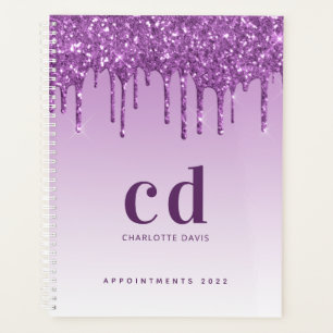 Agenda Monograma violeta 2022, luxo, gotas de brilho púr