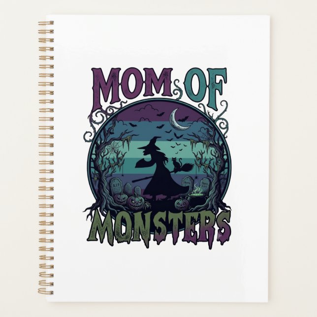 Agenda Monstros Mãe Halloween Bruxa Lua Abóboras Cemitéri (Frente)