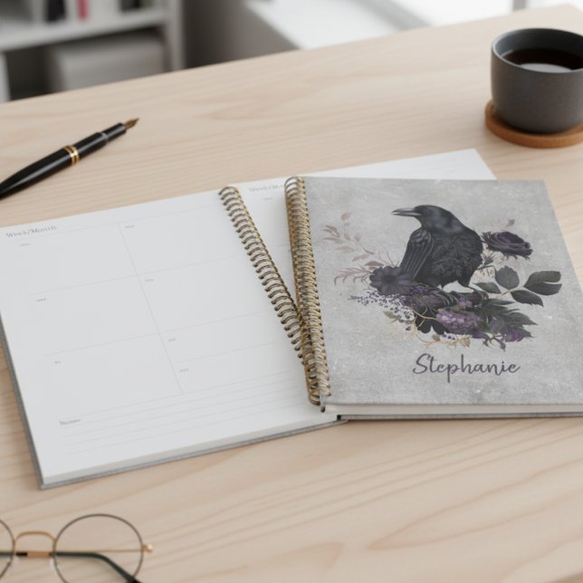 Agenda Moody Dark Academia Raven Gothic (Floral black raven daily planner)