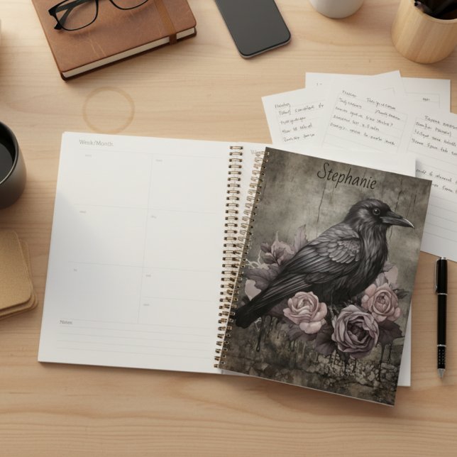 Agenda Moody Gothic Raven Dark Academia (Personalized Gothic black raven with roses daily planner)