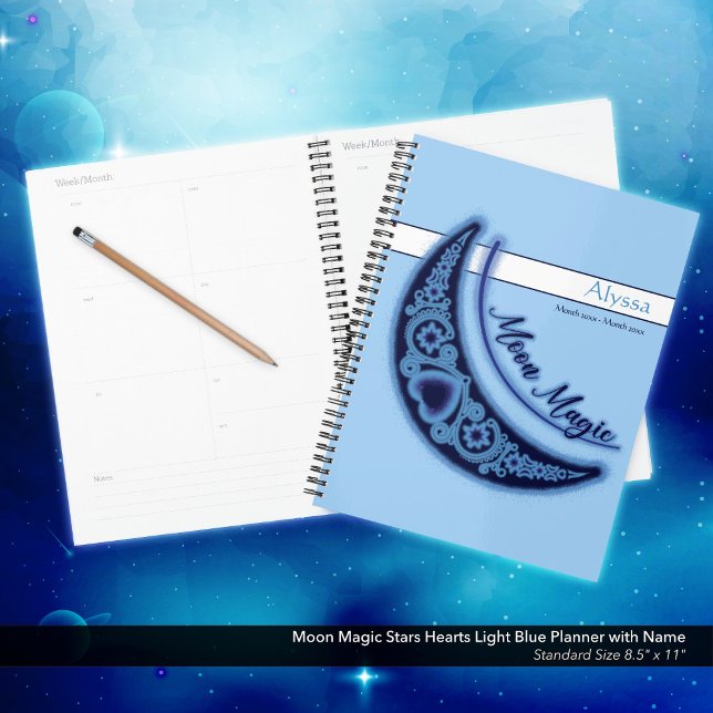 Agenda Moon Magic Stars Heart Celestial Love Name (Moon Magic/Celestial Love Stars and Hearts Light Blue Planner with Your Name.)