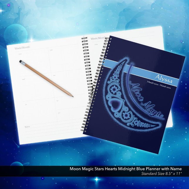 Agenda Moon Magic Stars Heart Celestial Love Name (Moon Magic/Celestial Love Stars and Hearts Midnight Blue Planner with Your Name.)
