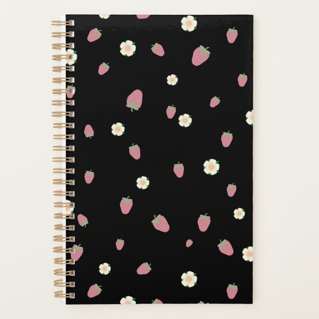 Agenda Morangos e Flores Padrão Preto (Frente)