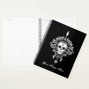 Agenda Morto Damask Chic Sugar Skull White em Preto