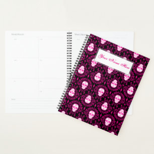 Agenda Morto Damask Chic Sugar Skulls Rosa em Preto