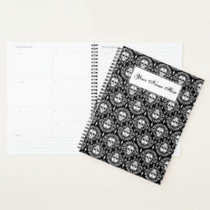 Agenda Morto Damask Chic Sugar Skulls White em Preto