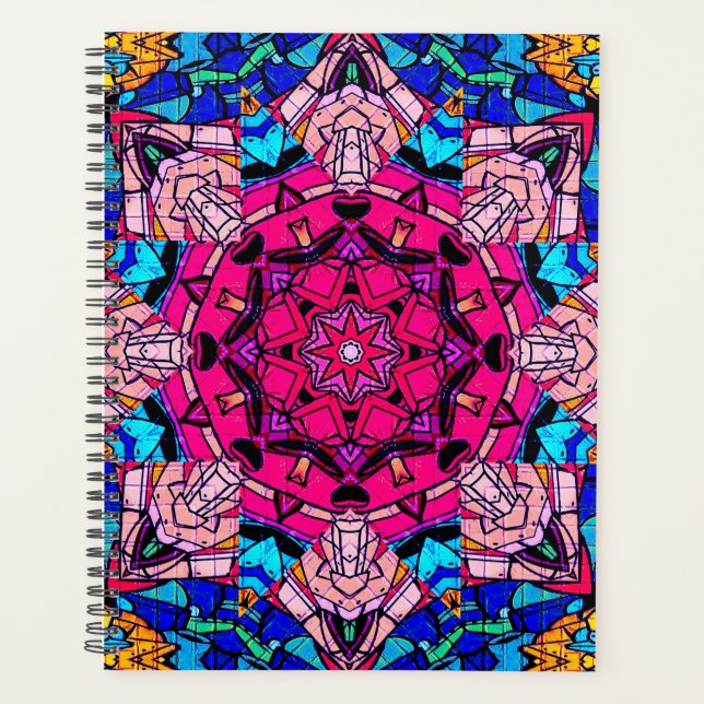Agenda Mosaico Rosa Mandala Floral Psicélico Retro (Frente)