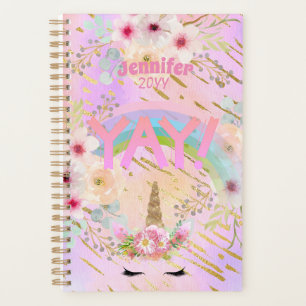 Agenda Motivação de Meninas de Rosto Dourado Rosa Unicorn