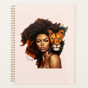 Agenda Mulher afro-americana com Leão majestoso