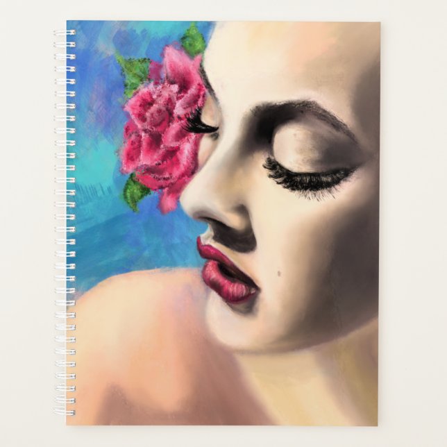 Agenda Mulher Bela com Rosa vermelha - Pintura Original (Frente)