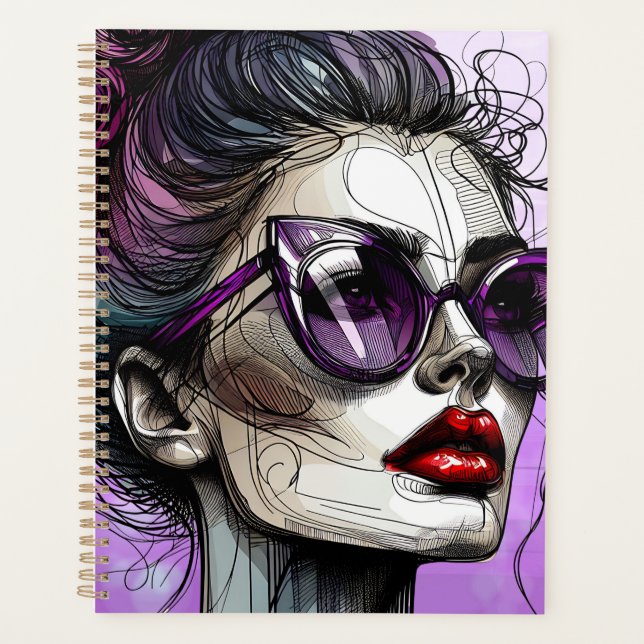 Agenda Mulher bonita de óculos de sol e batom roxo (Frente)