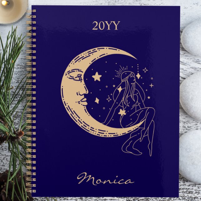 Agenda Mulher celestial lua e estrelas,boho,ouro elegante (Criador carregado)