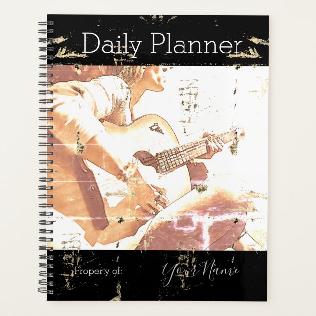 Agenda Mulher com Visual Retrô Tocando Guitarra Planejado (Frente)