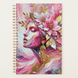 Agenda Mulher elegante, cor-de-rosa e planejadora de ouro