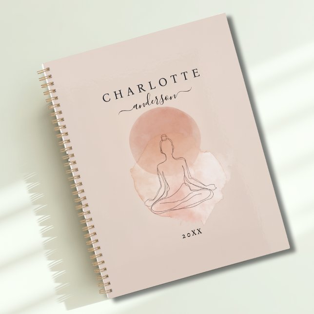Agenda Mulher Meditando Arte Linha Minimalista (Minimal Line Art Meditating Woman Custom Planner with your Name or Text.)