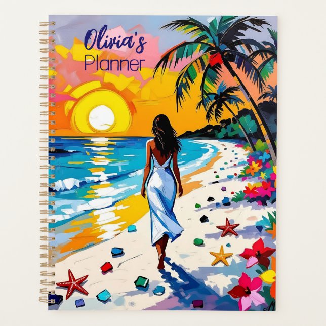 Agenda Mulher na Cena Tropical da Praia Personalizada (Frente)