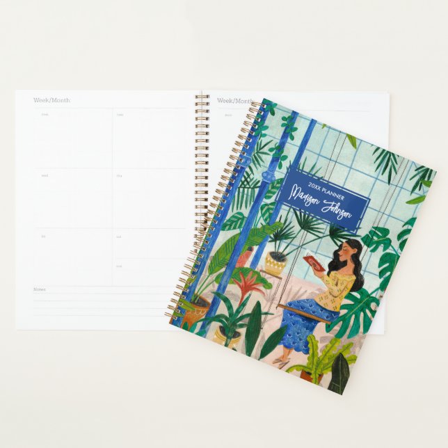 Agenda Mulher tropical na ilustração de leitura em estufa (Exibição)